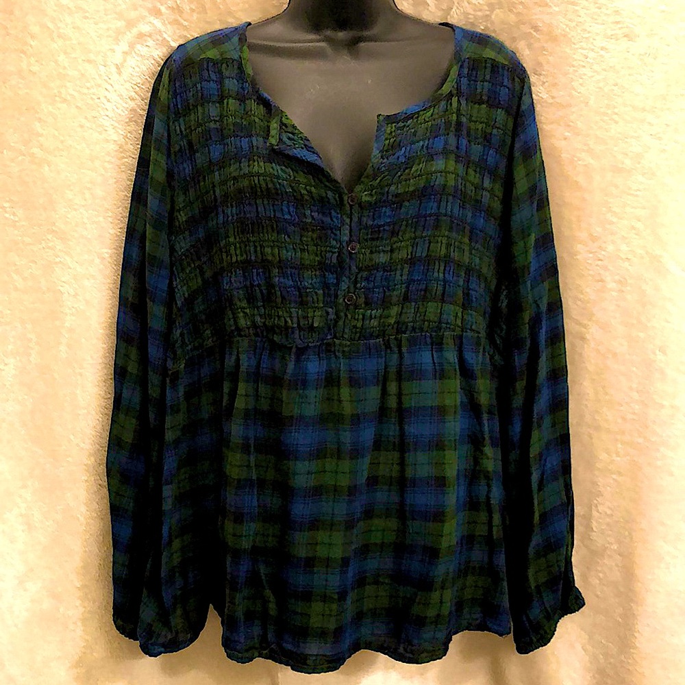 LANE BRYANT 🥾 GREEN/BLUE COTTON PLAID BABYDOLL TOP Size Women’s 22/24